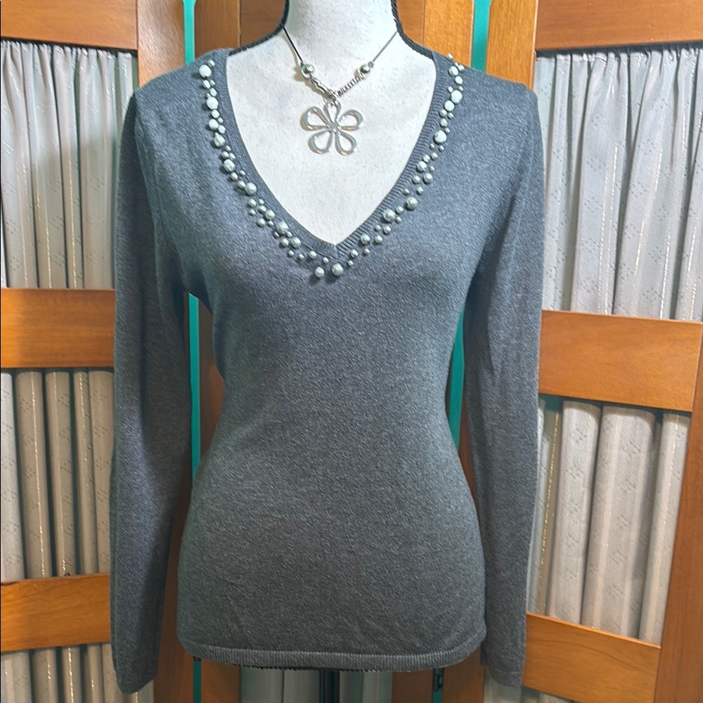 Gray V-Neck Sweater with faux jewel  Accents